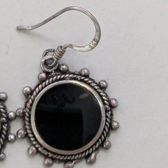 CW 925 Sterling Silver Black Onyx Round Dangle Pierced Earrings - Picture 2 of 3